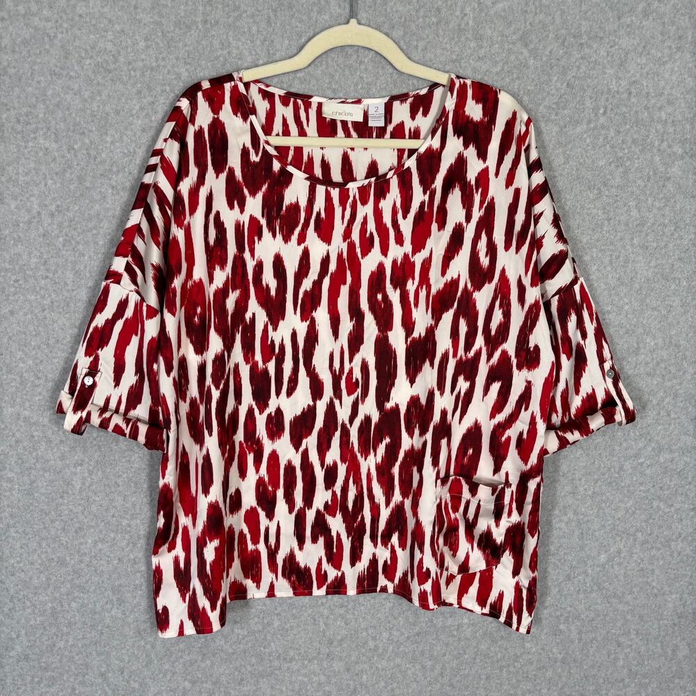 Chicos Blouse Large Animal Leopard Satin Silky Flowy Boxy Lagenlook Artsy‎ Boho